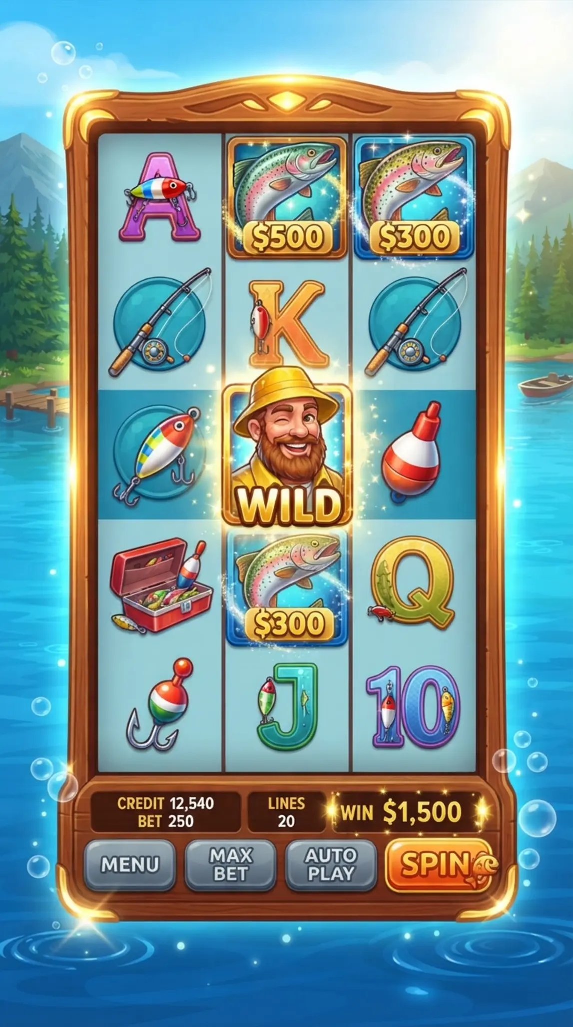Symbole Big Bass Bonanza: rybak, ryba, wędka i przynęty