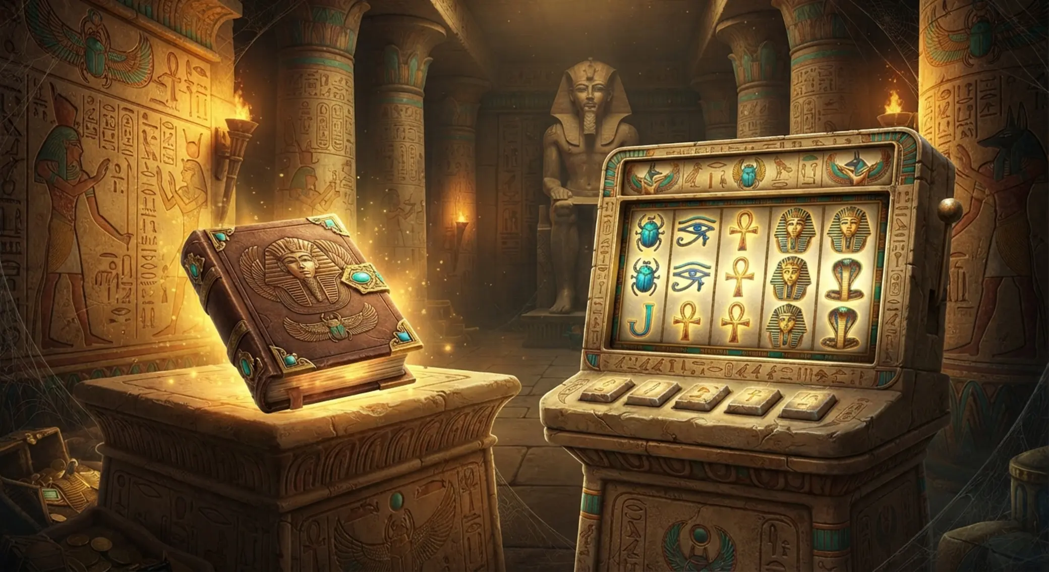 Klimat Book of Ra Deluxe ze świątynią, księgą i symbolami Egiptu