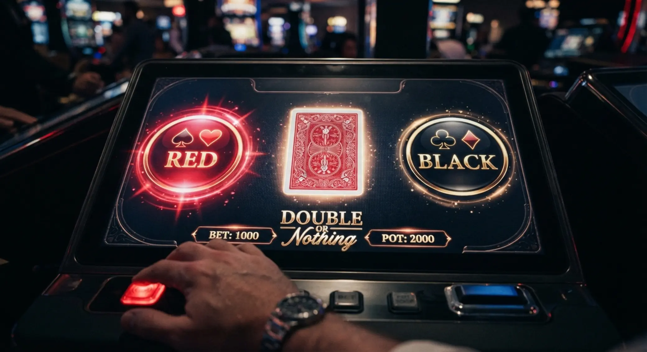 Ekran funkcji Gamble z wyborem karty i opcją podwajania