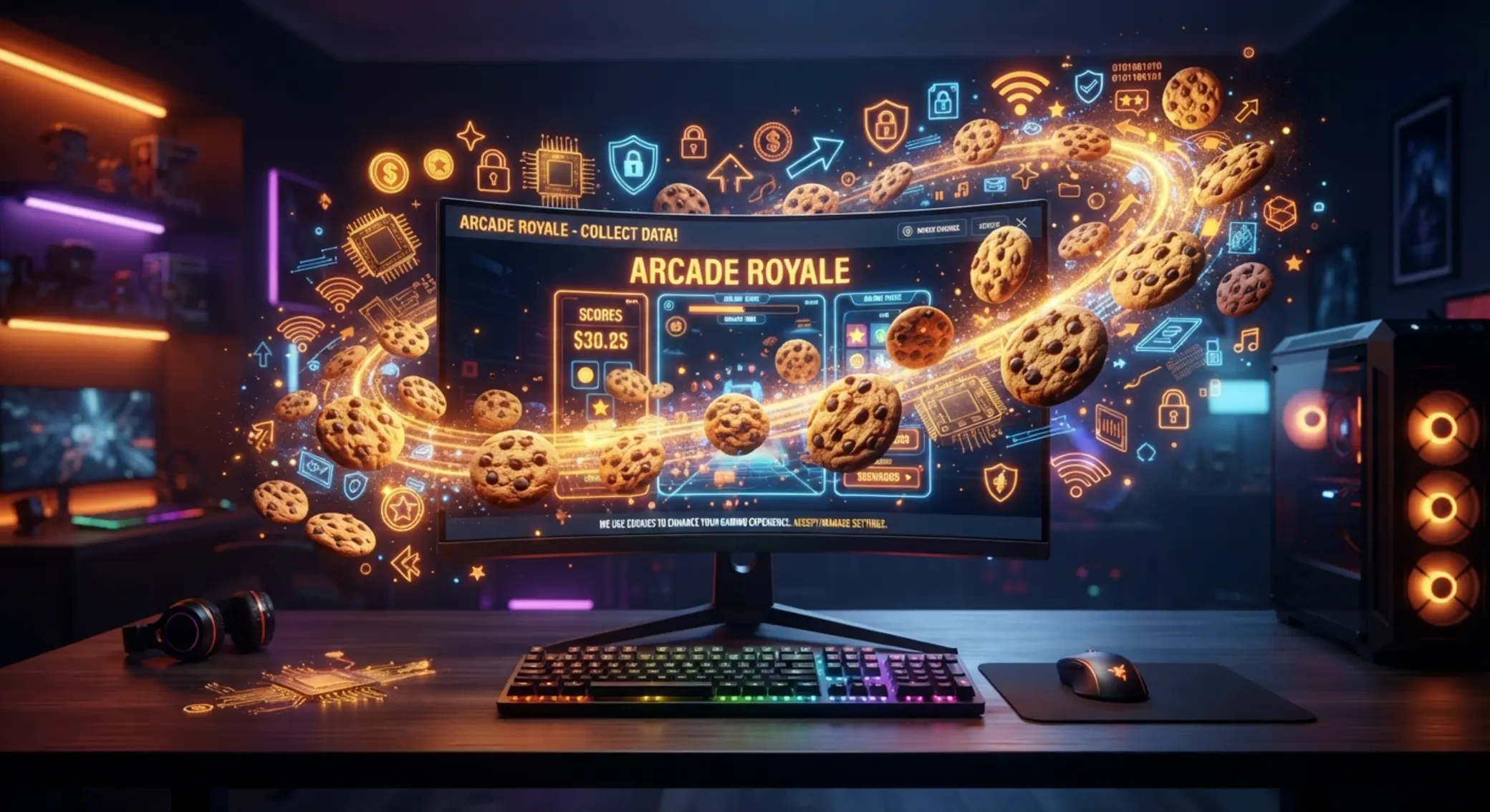 Pliki cookie i działanie serwisu online Ikony ciasteczek i żetonów przy monitorze jako symbol plików cookie