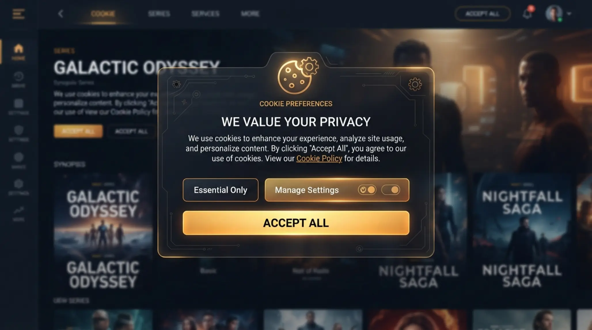Jak działa baner cookies na stronie Schemat banera cookies na tle ciemnej strony internetowej