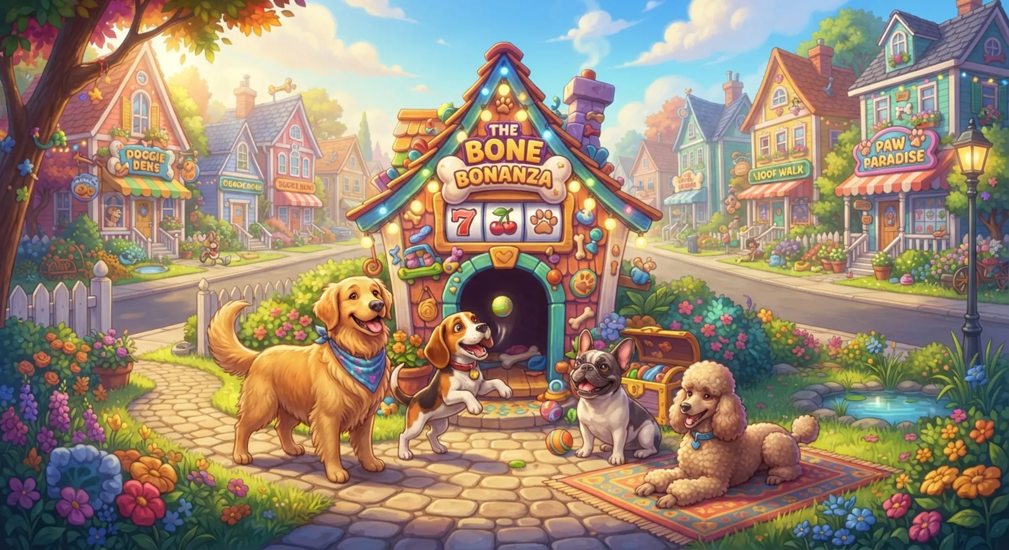 Wesołe psy przed budą w klimacie Dog House Megaways
