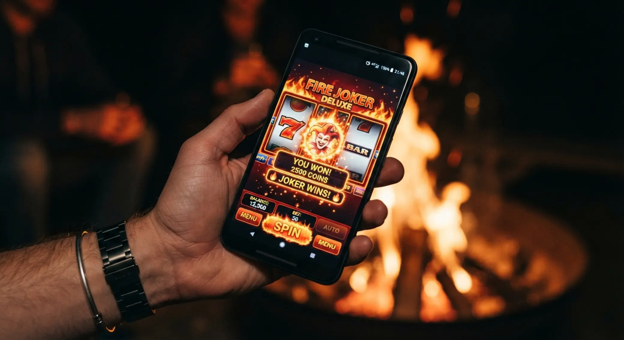 Fire Joker uruchomiony na smartfonie na tle ognistej grafiki