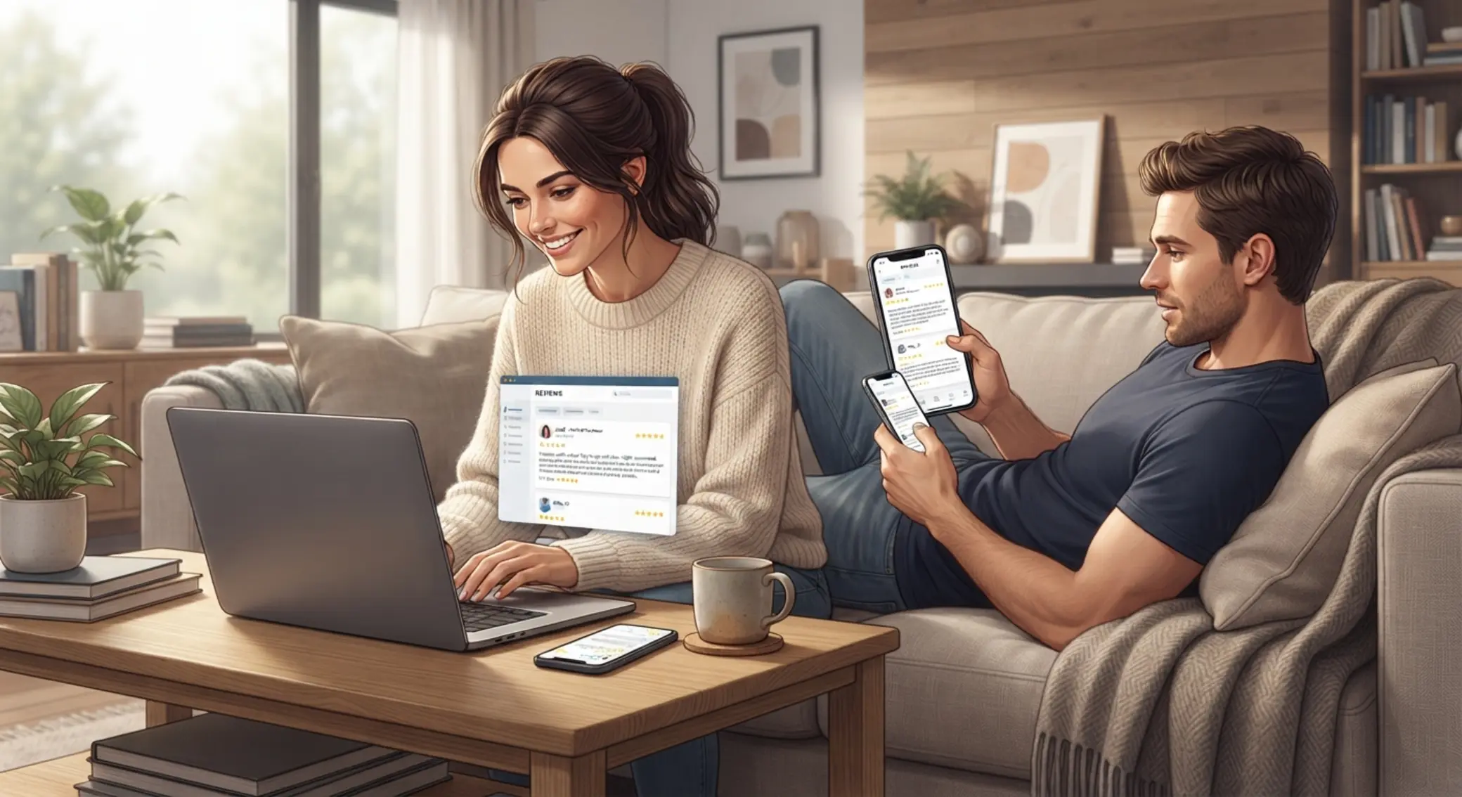 Osoby czytające opinie online na komputerze i telefonie