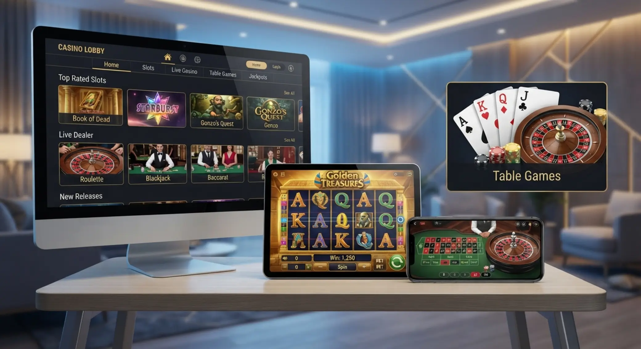 Ogólne lobby gier online z kategoriami slotów, ruletki i kart