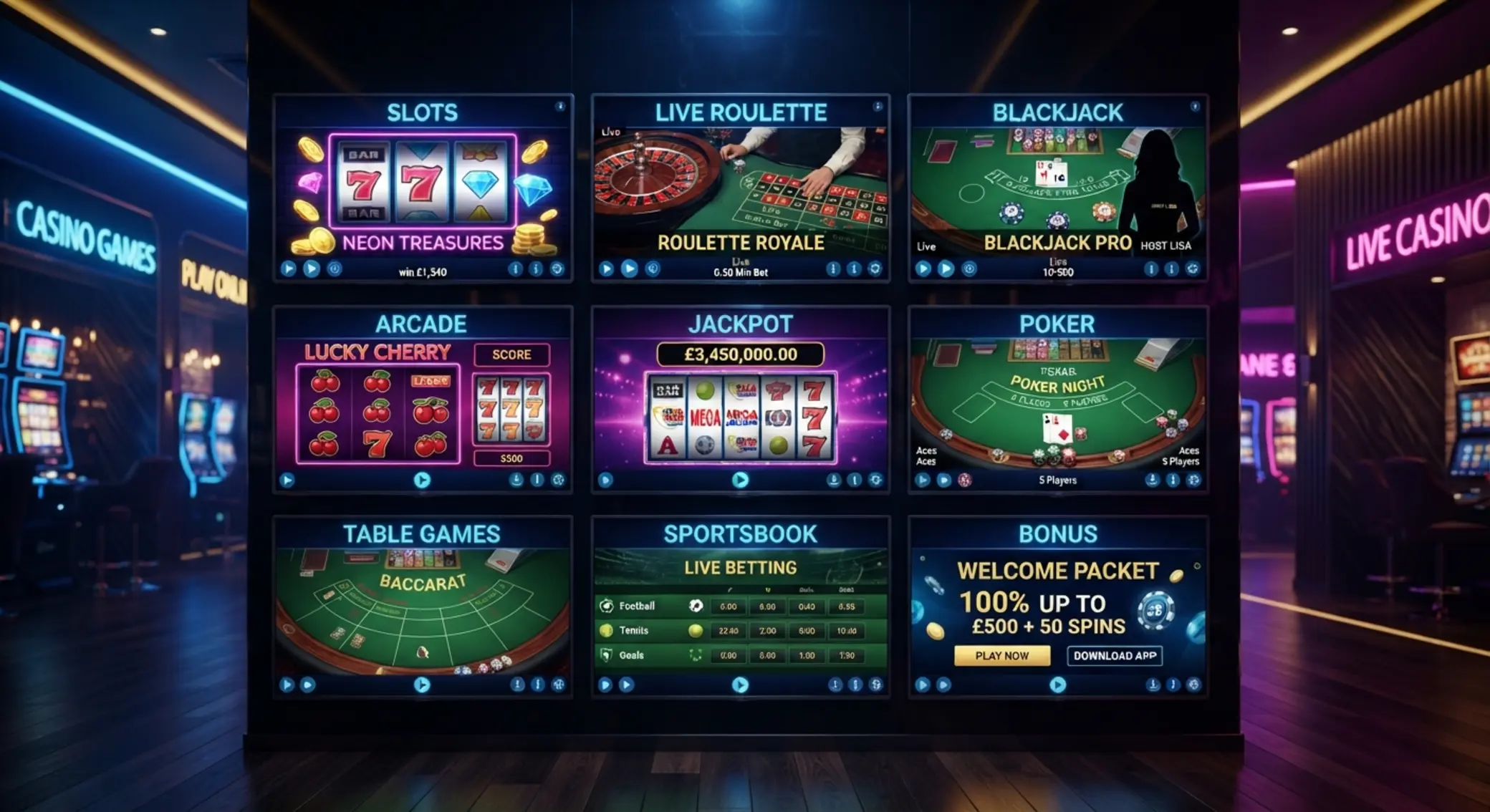 Rodzaje gier w kasynach do pobrania Kolaż gier kasynowych do pobrania: sloty, ruletka i blackjack na żywo