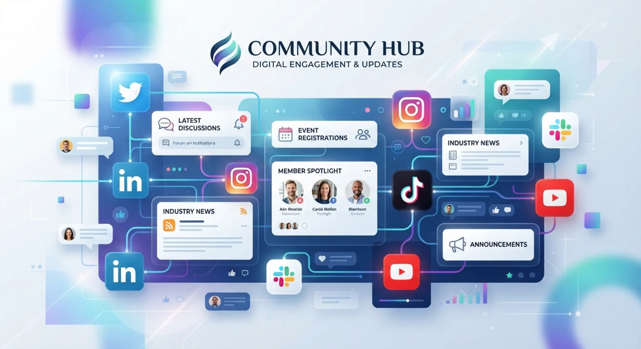 Kanały social media serwisu Kolaż ikon mediów społecznościowych serwisu