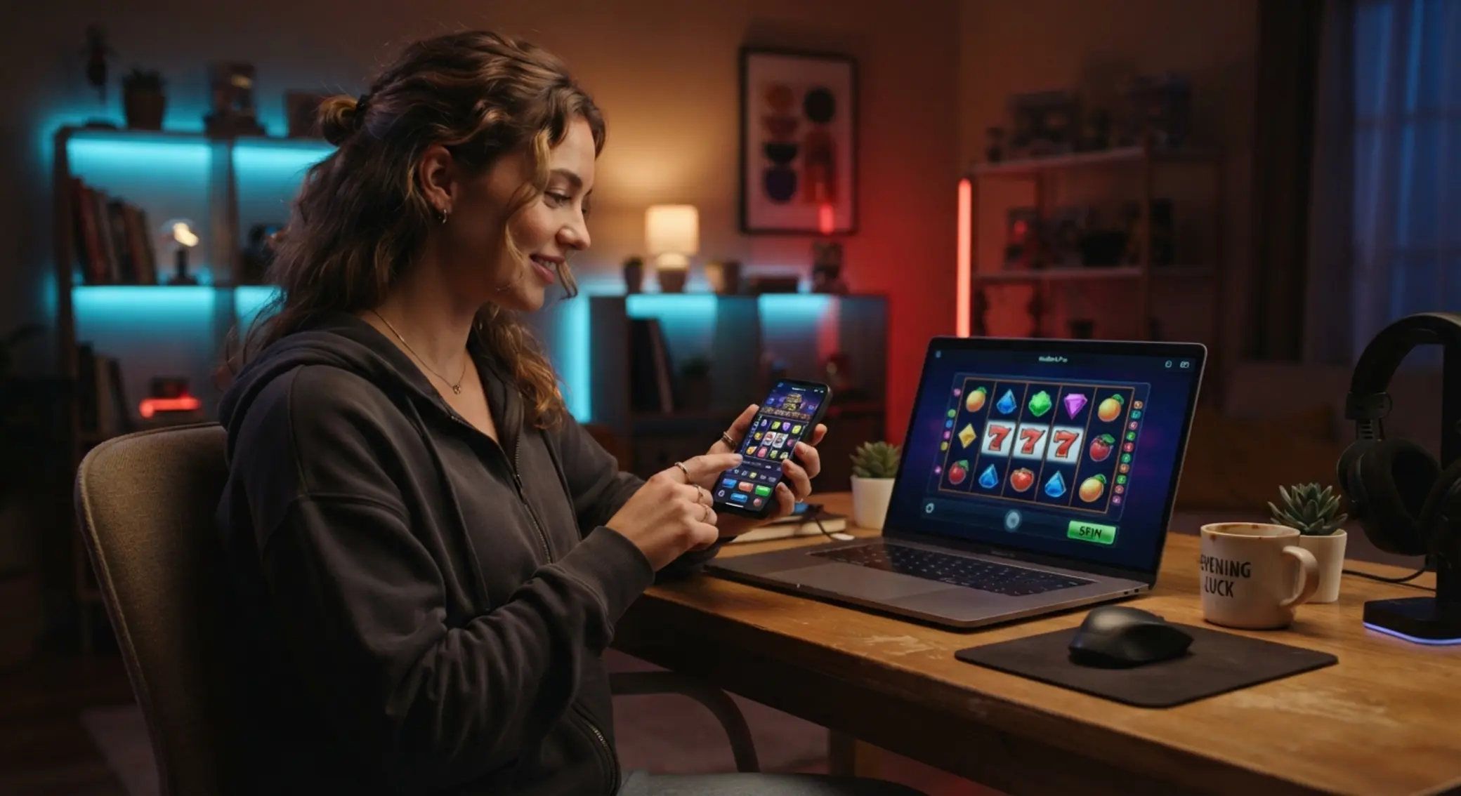 Gracz korzystający z platformy na laptopie i telefonie