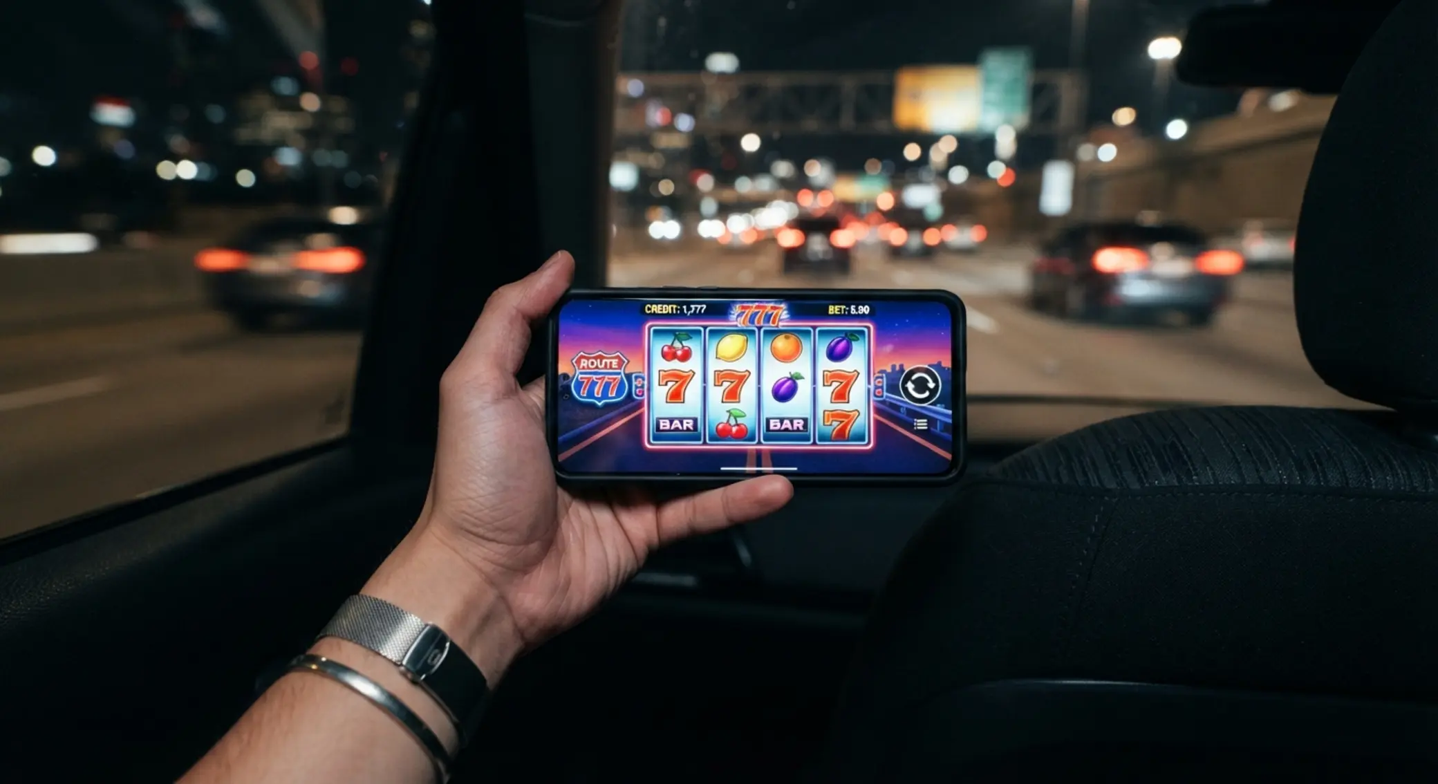 Route 777 na ekranie smartfona w nocnym otoczeniu