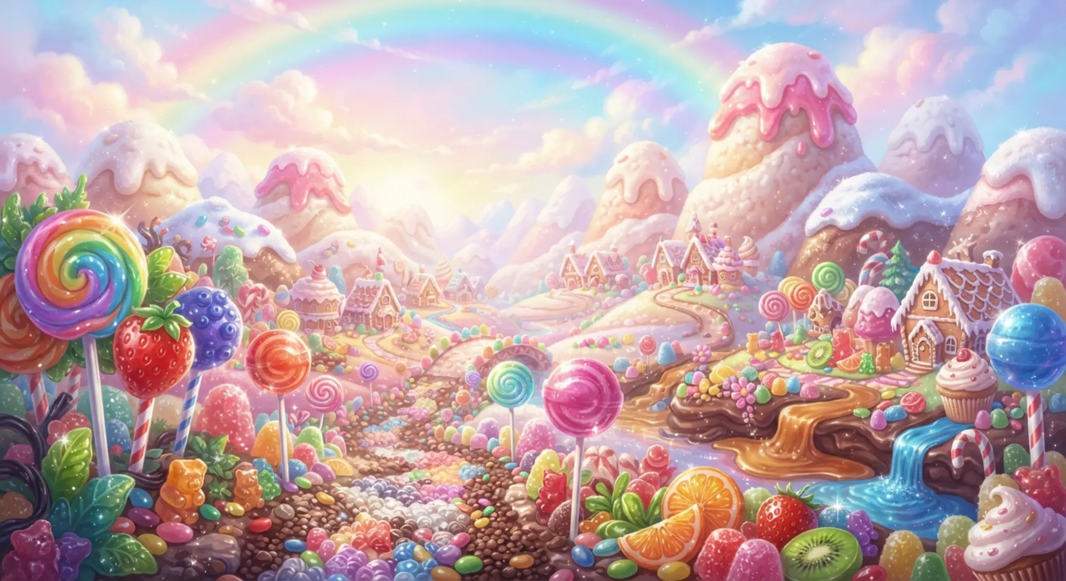 Sweet Bonanza 1000 – grafika i klimat candy-land Cukierkowa kraina z górami z pianek, lizakami i kolorowym tłem