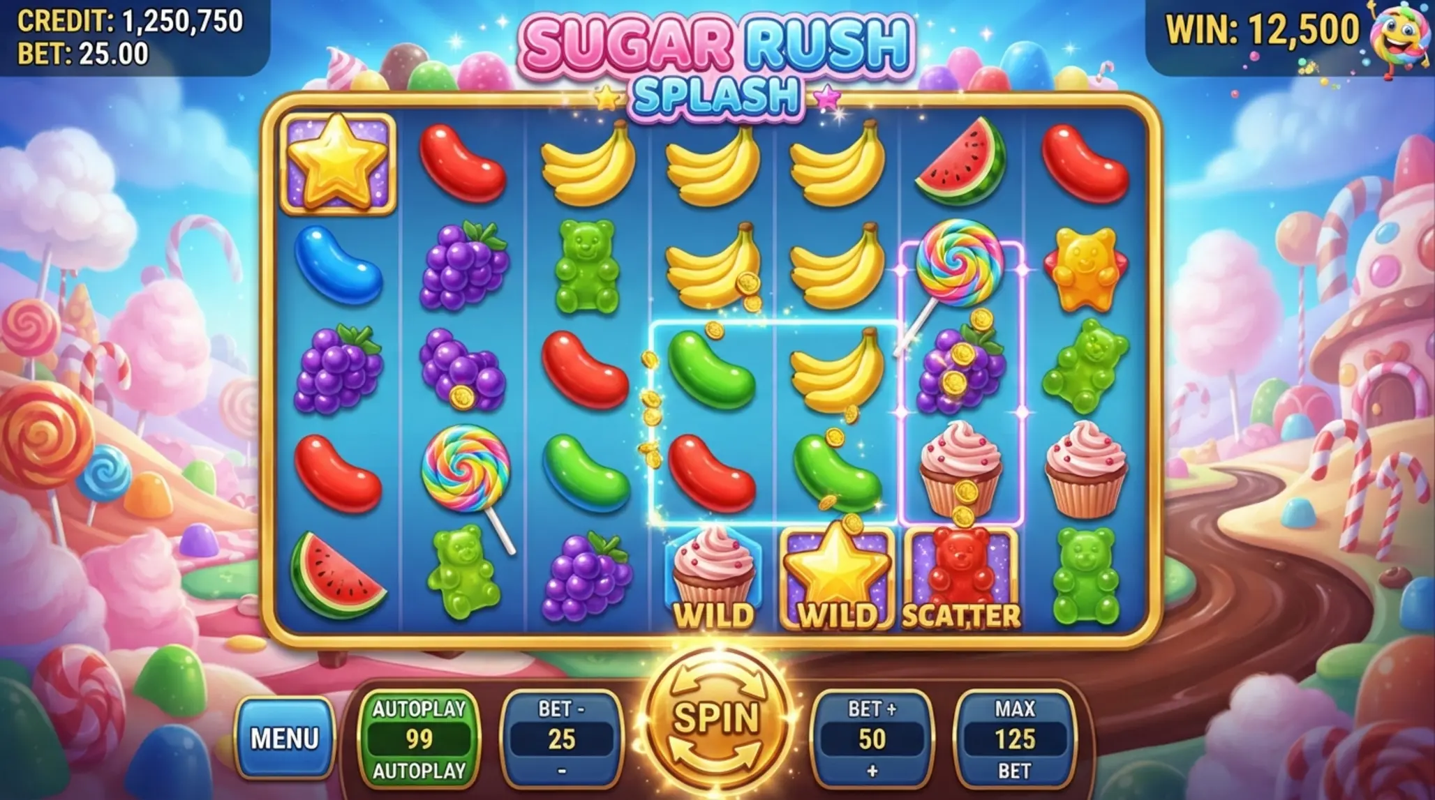 Sweet Bonanza 1000 – ekran bazowej gry Ekran bazowej gry Sweet Bonanza 1000 z kolorowymi symbolami cukierków i owoców