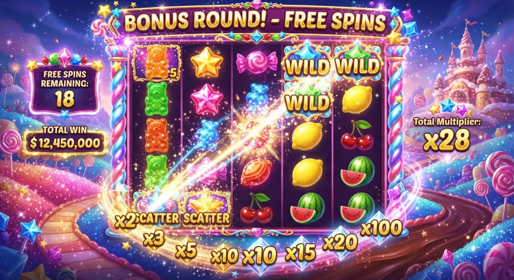 Sweet Bonanza 1000 – darmowe spiny i mnożniki Ekran darmowych spinów z symbolami mnożników w Sweet Bonanza 1000