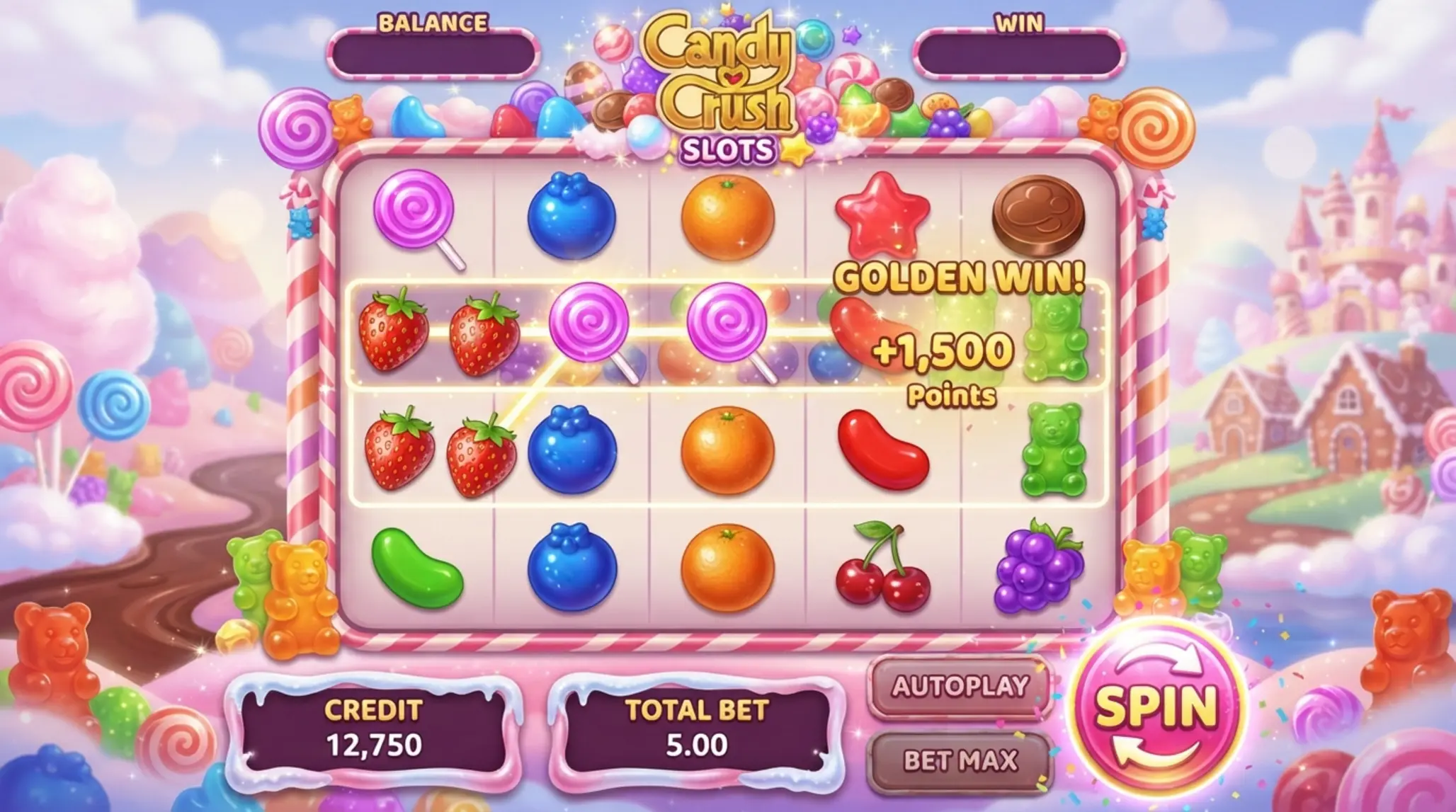 Ekran gry Sweet Bonanza z siatką cukierków i owoców