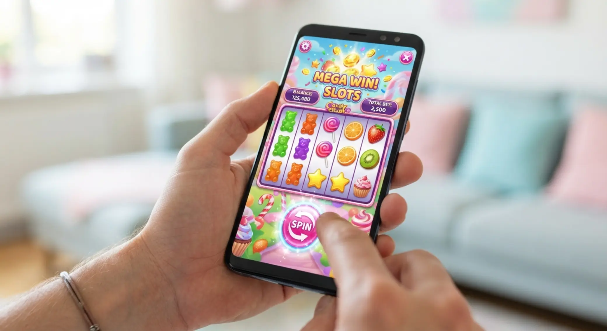 Smartfon z uruchomioną grą Sweet Bonanza i przyciskiem Spin